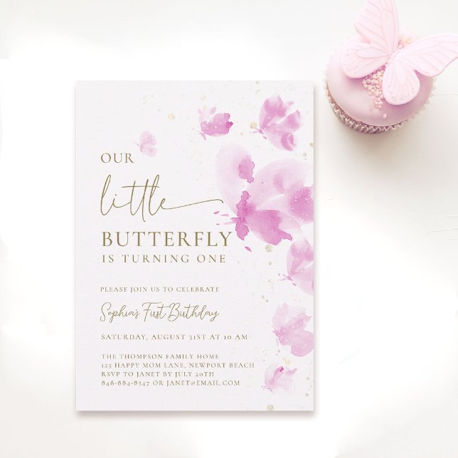 Convite Pequeno primeiro aniversario de tema branco rosa-b (butterfly themed 1st birthday invitation girls pink purple blush watercolor one year fluttered by)