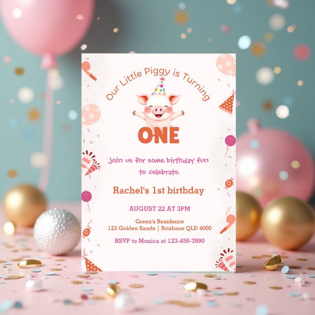 Convite Pequeno primeiro aniversario Piggy | Tema da Barny (Cute Little Piggy 1st Birthday _ Farm Barnyard Theme Invitation)