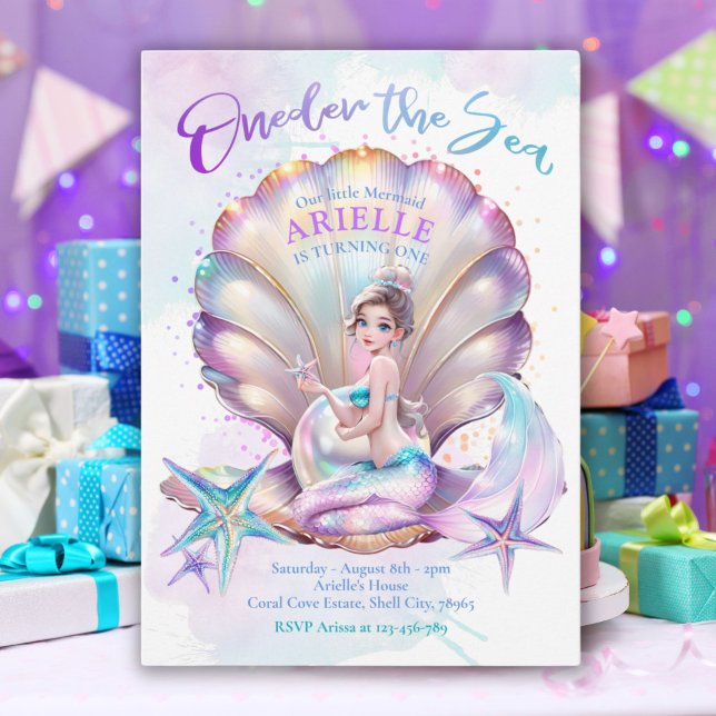 Convite Pequeno primeiro aniversario Sereia Um Dobra A Ser (Little Mermaid 1st Birthday ONEder The Sea Mermaid Invitation)