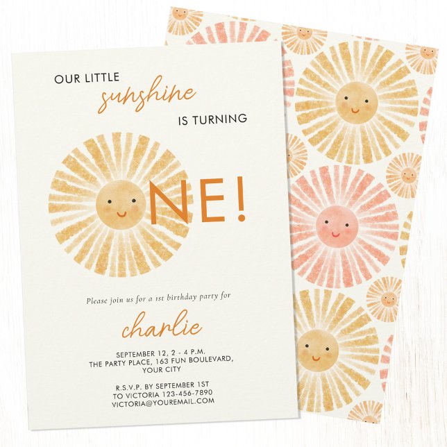 Convite Pequeno primeiro aniversario Sol (Our little sunshine is turning one. Personalized happy waterolor sun first 1st birthday party invite)