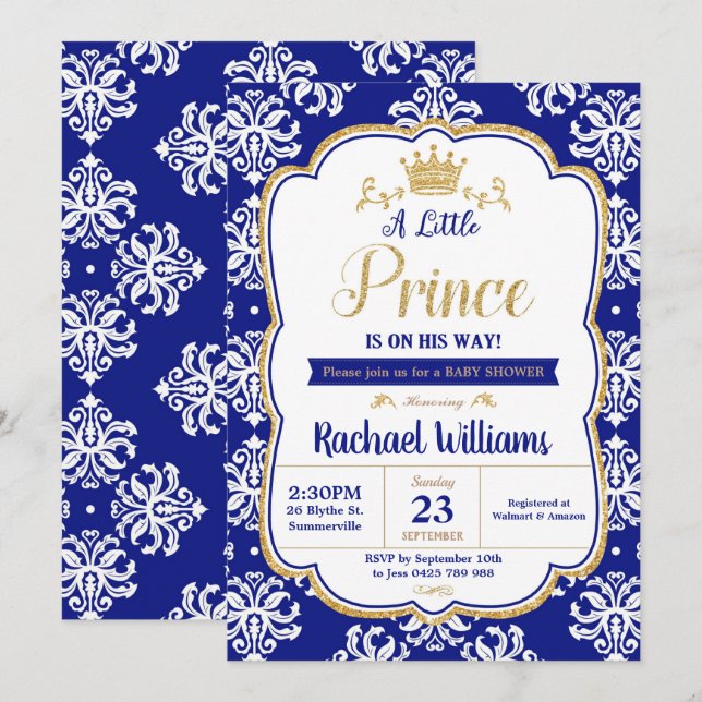 Convite Pequeno Príncipe Chá de fraldas Royal Blue Damask  (Frente/Verso)