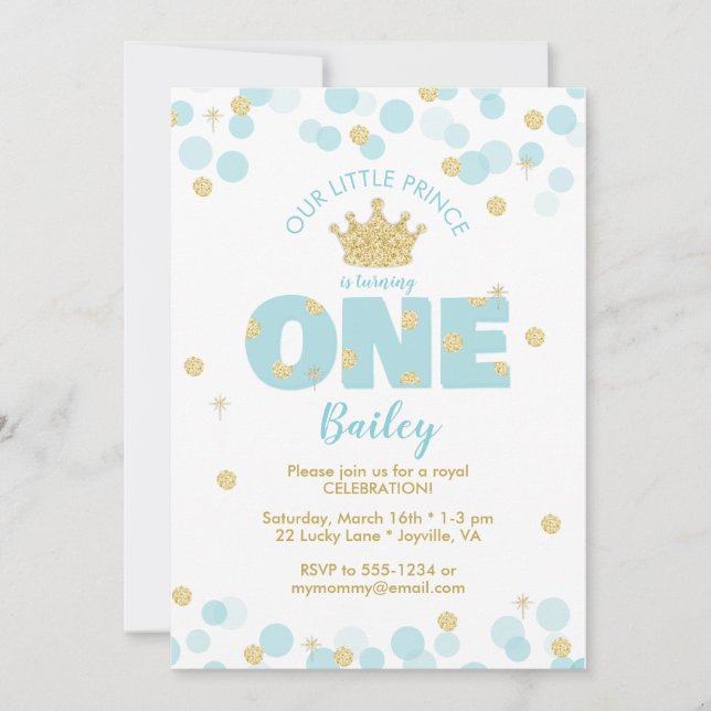 Convite Pequeno Príncipe Primeiro Aniversário Azul Dourado (Frente)
