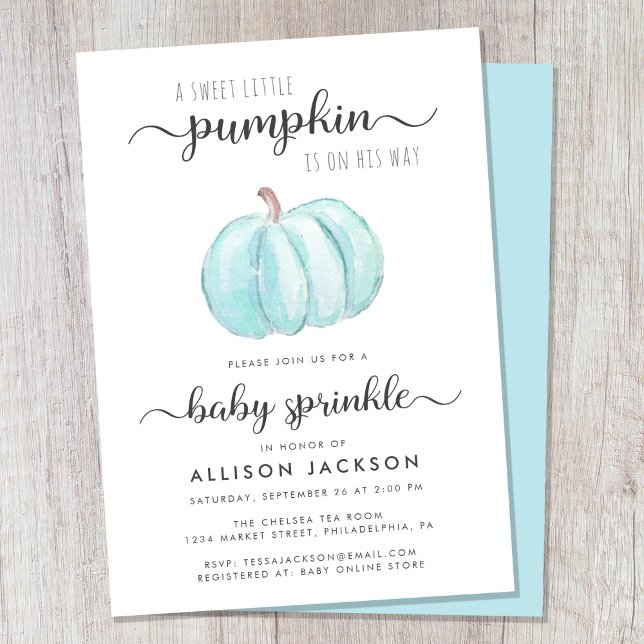Convite Pequeno Pumpkin Azul Aquarela Menino Menininho Spr (Celebrate the upcoming arrival of your little autumn baby boy with a pumpkin-themed baby sprinkle)