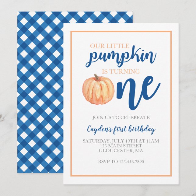 Convite Pequeno Pumpkin Azul Cai Primeiro Aniversário (Frente/Verso)