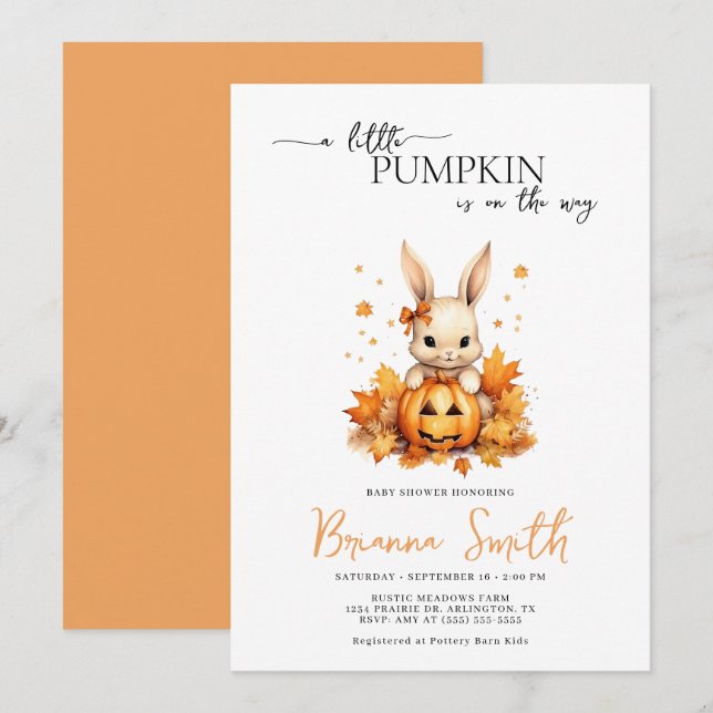 Convite Pequeno Pumpkin Bunny bebê Chá de fraldas de queda (Frente/Verso)