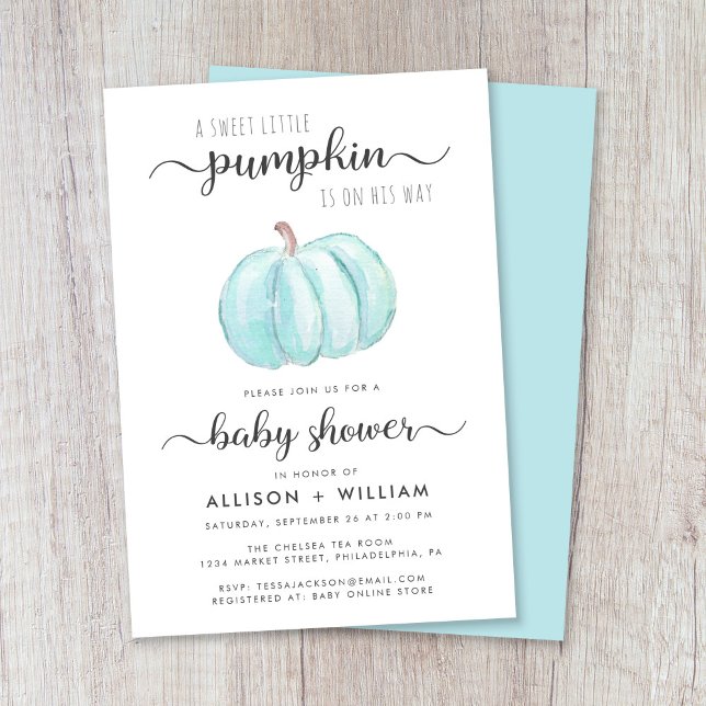 Convite Pequeno Pumpkin Casais de Aquarela Chá Baby Boy (Celebrate the upcoming arrival of your autumn baby boy with a pumpkin-themed couples baby shower)