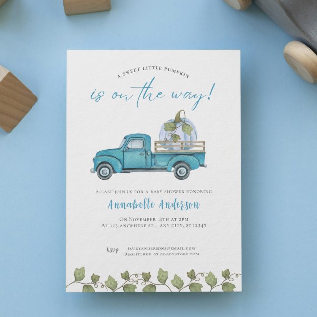 Convite Pequeno Pumpkin Chá de fraldas azul de aquarela (Little Pumpkin Blue watercolor Boy Baby Shower Invitation)
