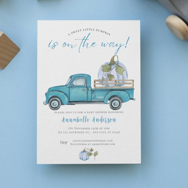 Convite Pequeno Pumpkin Chá de fraldas azul de aquarela (Little Pumpkin Blue watercolor Boy Baby Shower Invitation)