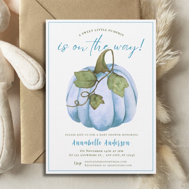Convite Pequeno Pumpkin Chá de fraldas azul de aquarela (Little Pumpkin Blue watercolor Boy Baby Shower Invitation)