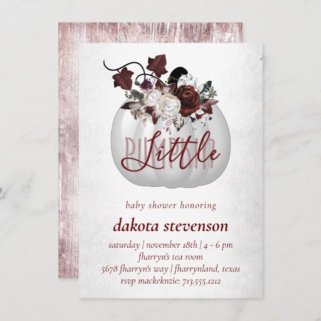 Convite Pequeno Pumpkin | Chá de fraldas Floral Rosa-Rosa- (Frente/Verso)