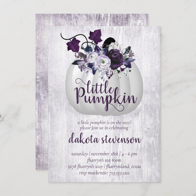 Convite Pequeno Pumpkin | Chá de fraldas Roxo Violeta (Frente/Verso)