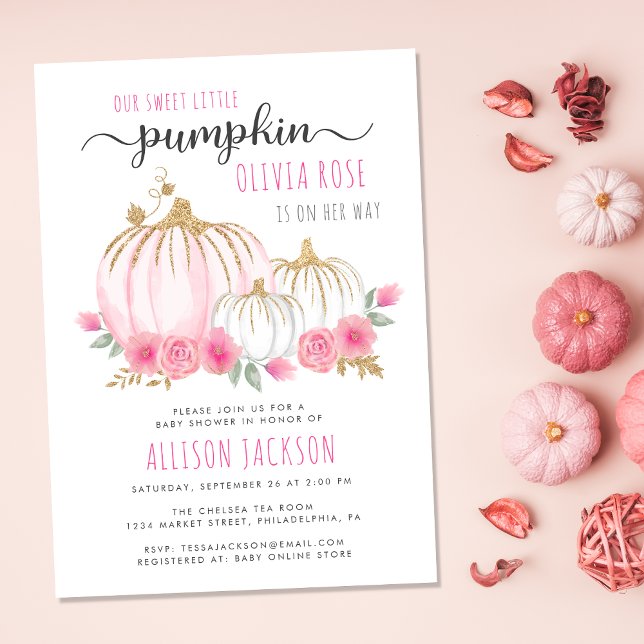 Convite Pequeno Pumpkin Floral Watercolor Chá (Celebrate the upcoming arrival of your sweet autumn baby girl with a pumpkin-themed baby shower)
