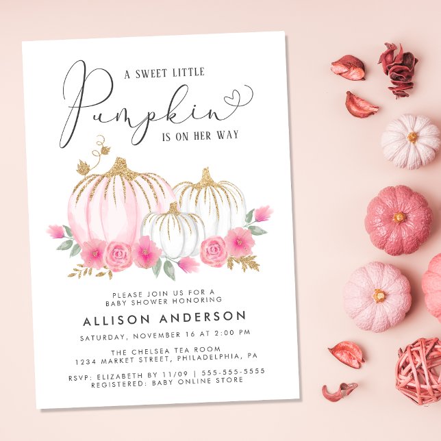 Convite Pequeno Pumpkin Floral Watercolor Chá (Celebrate the upcoming arrival of your sweet little autumn baby with a pumpkin-themed baby shower)
