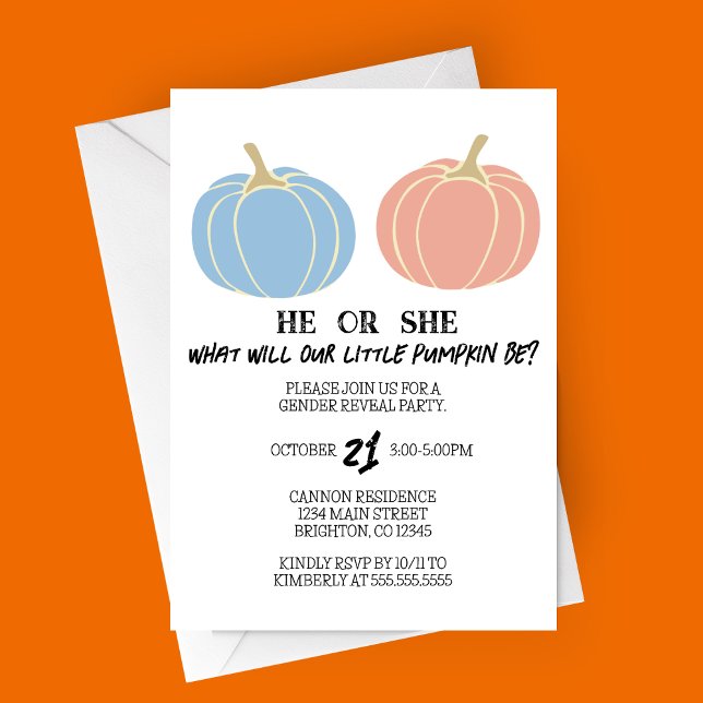 Convite Pequeno Pumpkin Halloween Gênero Festa de Revelaçã (Little Pumpkin Gender Reveal Party Invitation, Halloween Themed with Solid Blue and Pink Pumpkins)