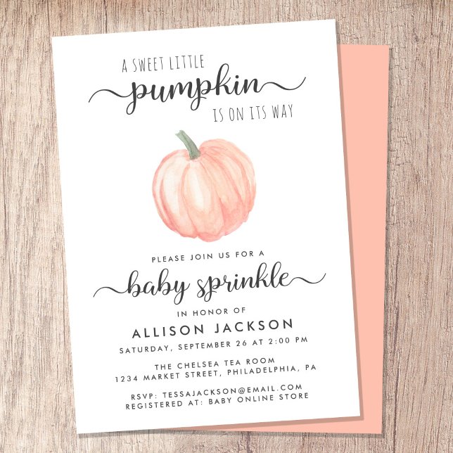 Convite Pequeno Pumpkin Laranja Aquarela Bebê Sprinkle (Celebrate the upcoming arrival of your sweet little autumn baby with a pumpkin-themed baby sprinkle)