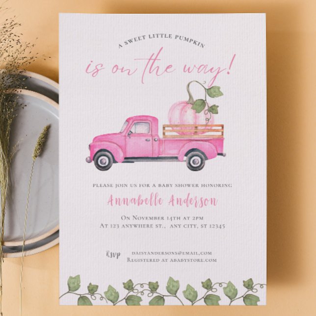 Convite Pequeno Pumpkin Pink Watercolor Chá de fraldas (Little Pumpkin  Pink watercolor Baby Shower Invitation)