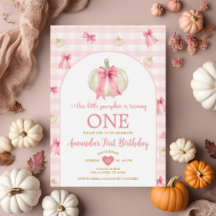 Convite Pequeno Pumpkin Rosa Bowtie Gingham Primeiro Anive