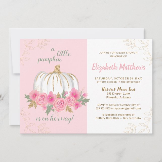 Convite Pequeno Pumpkin Rosa Dourado Chá de fraldas de Out (Frente)