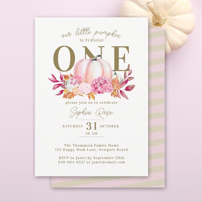 Convite Pequeno Pumpkin Rosa Hydrangea 1rua Aniversário El (our little pumpkin turning one girl birthday party invitation pink hydrangeas watercolor fall leaves)