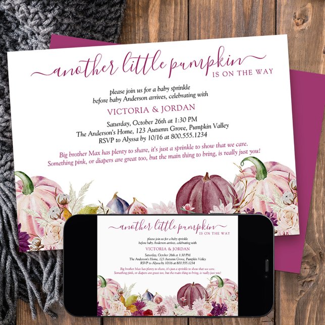 Convite Pequeno Pumpkin Rustic Floral Baby Sprinkle (Fall baby sprinkle invitation for another little pumpkin - from my Little Pumpkin collection)