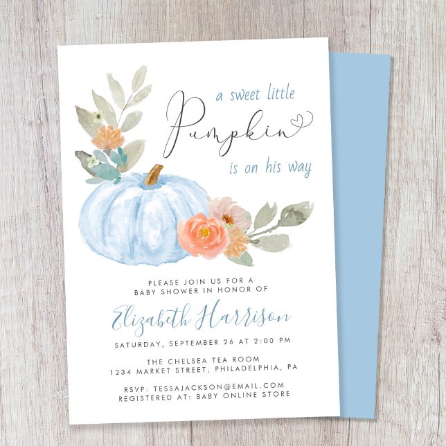 Convite Pequeno Pumpkin Watercolor Baby Boy Chá (Celebrate the upcoming arrival of your sweet little autumn baby with a pumpkin-themed baby shower)