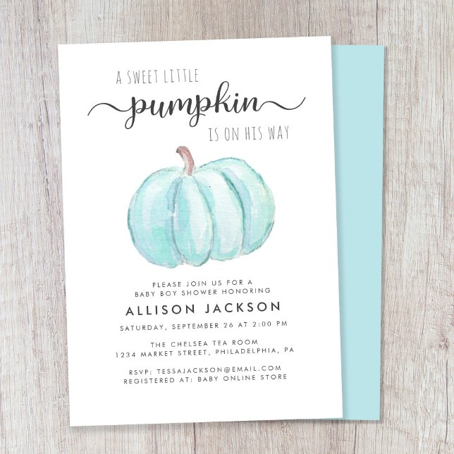 Convite Pequeno Pumpkin Watercolor Baby Boy Chá (Celebrate the upcoming arrival of your autumn baby boy with a pumpkin-themed baby shower)