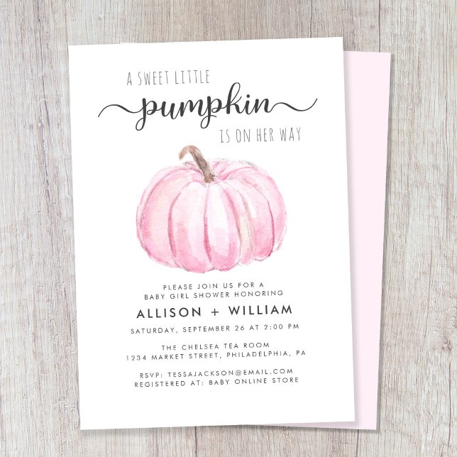 Convite Pequeno Pumpkin Watercolor Bebê Casal Chá (Celebrate the upcoming arrival of your autumn baby girl with a pumpkin-themed couple's baby shower)