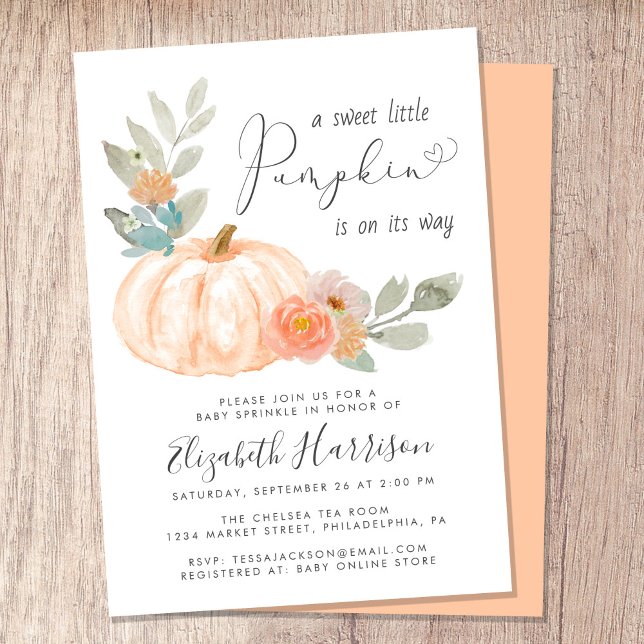 Convite Pequeno Pumpkin Watercolor Bebê Sprinkle (Celebrate the upcoming arrival of your sweet little autumn baby with a pumpkin-themed baby sprinkle)