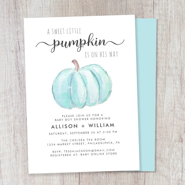 Convite Pequeno Pumpkin Watercolor Casal Bebê Chá (Celebrate the upcoming arrival of your autumn baby boy with a pumpkin-themed baby shower)