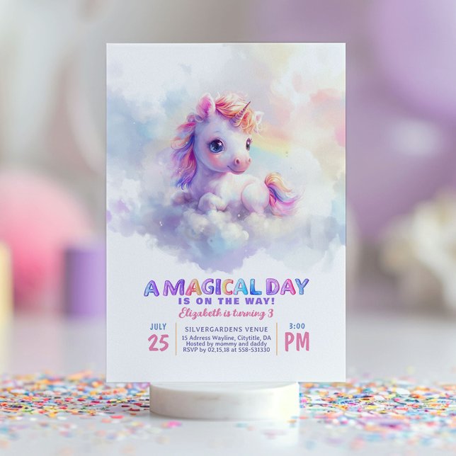 Convite Pequeno Púrpura de Pastel Suave de Unicórnio (Purple Unicorn Birthday Invitations)