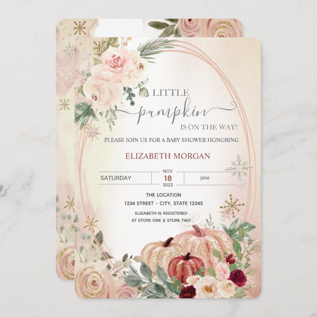 Convite Pequeno Quadro de Abóbora Boho Flores Baby Shower  (Frente/Verso)