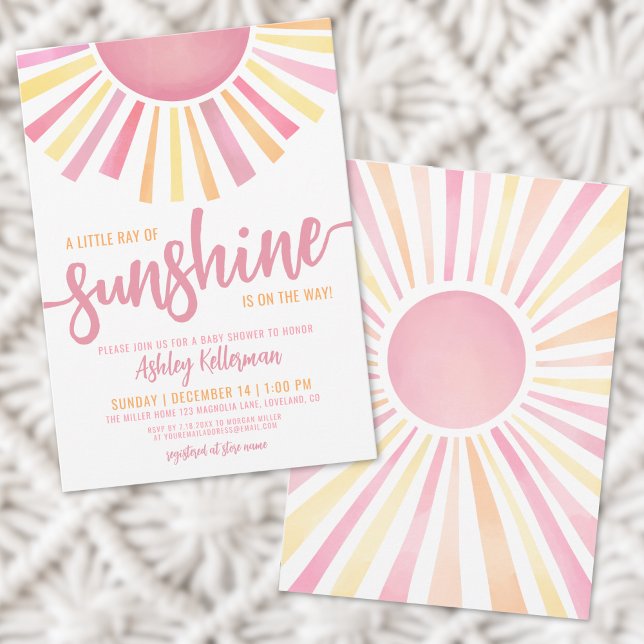 Convite Pequeno Raio De Chá de fraldas Da Rapariga Sol (Little Ray Of Sunshine Girl Baby Shower Invitation)