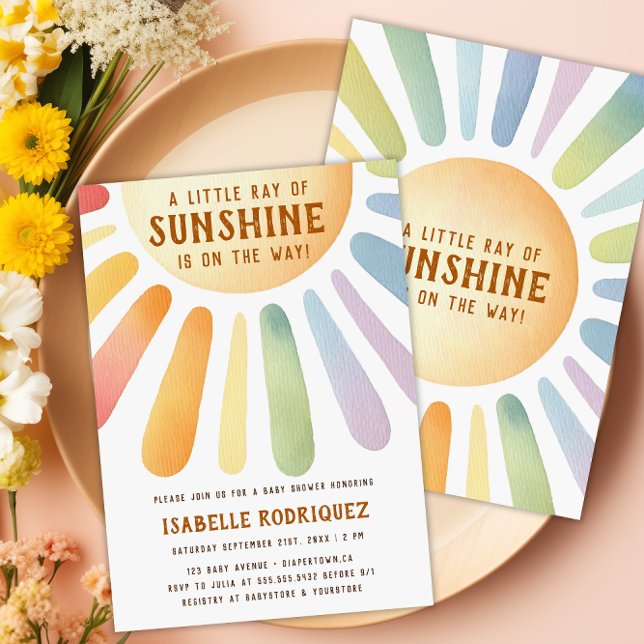 Convite Pequeno Raio De Sol, Chá de fraldas Arco-Íris De B (Little Ray Of Sunshine Boho Rainbow Baby Shower Invitation - Front & Back)