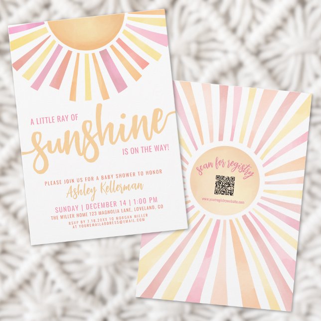 Convite Pequeno Raio Rosa De Chá de fraldas Sol (Pink Little Ray Of Sunshine Baby Shower Invitation)