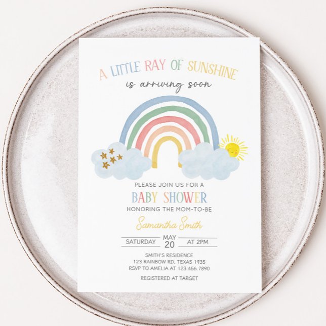 Convite Pequeno Raio Sol do Chá de fraldas Arco-íris (Little Ray of Sunshine Baby Shower Invitation)