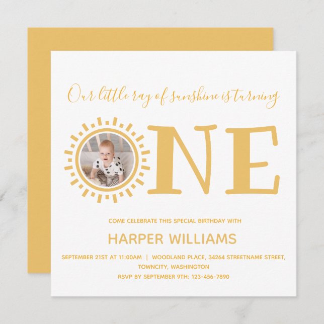 Convite Pequeno Raio Sol Foto primeiro aniversario Bebê (Frente/Verso)