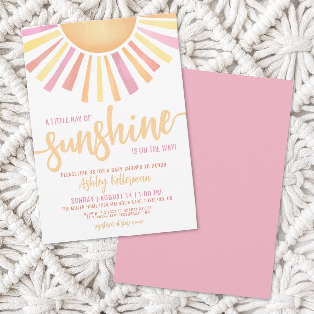 Convite Pequeno Raios De Chá de fraldas Rosa Sol (Little Ray Of Sunshine Pink Baby Shower Invitation)