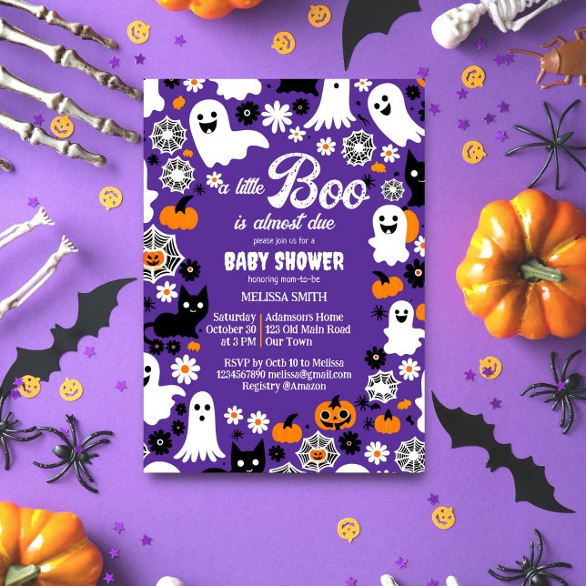 Convite Pequeno retro chá de fraldas de Halloween (Little boo Halloween baby shower template invitation digital download groovy retro cute ghosts daisy)