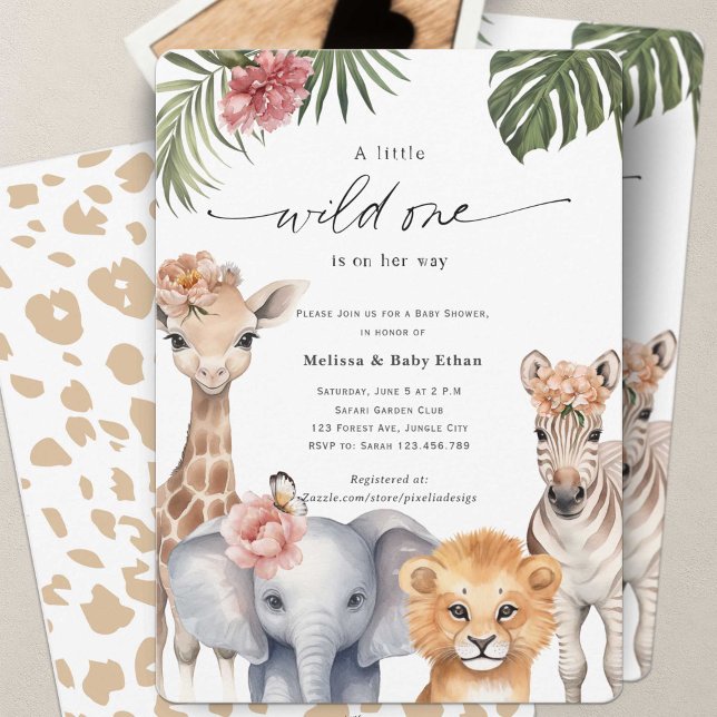 Convite Pequeno Safari Bebê Animais Selvagens (Wild One Safari Baby Animals, Baby Girl Shower. A wild One is on Her way, A Cute Baby Shower invite.)