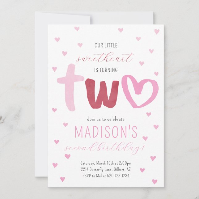Convite Pequeno segundo aniversário de Corações Vermelhos  (Frente)