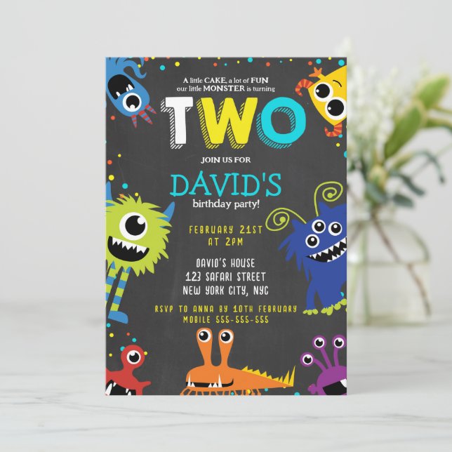 Convite Pequeno segundo aniversário de giz de Festa de ani (Em pé/Frente)