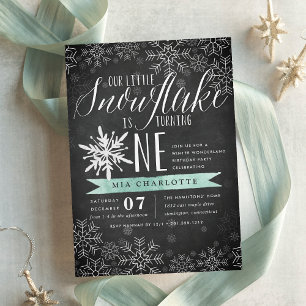 Convite Pequeno Snowflake Mint Chalkboard Primeiro Anivers