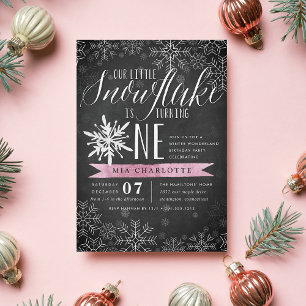 Convite Pequeno Snowflake Pink Chalkboard Primeiro Anivers