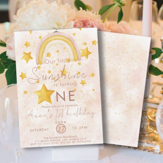Convite Pequeno Sol Boho Arco-íris Estrela Dourada Anivers (Criador carregado)