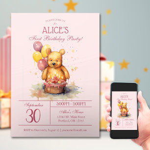 Convite Pequeno Urso de Aquarela Primeiro Aniversário
