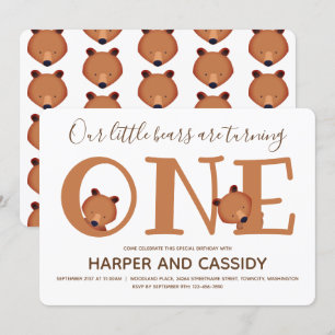 Convite Pequeno Urso Gêmeos Um Animal Grito Primeiro Aniv