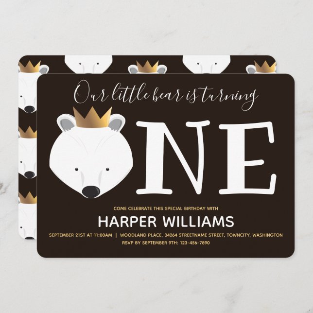 Convite Pequeno Urso Polar Coroa Um Animal Primeiro Aniver (Frente/Verso)