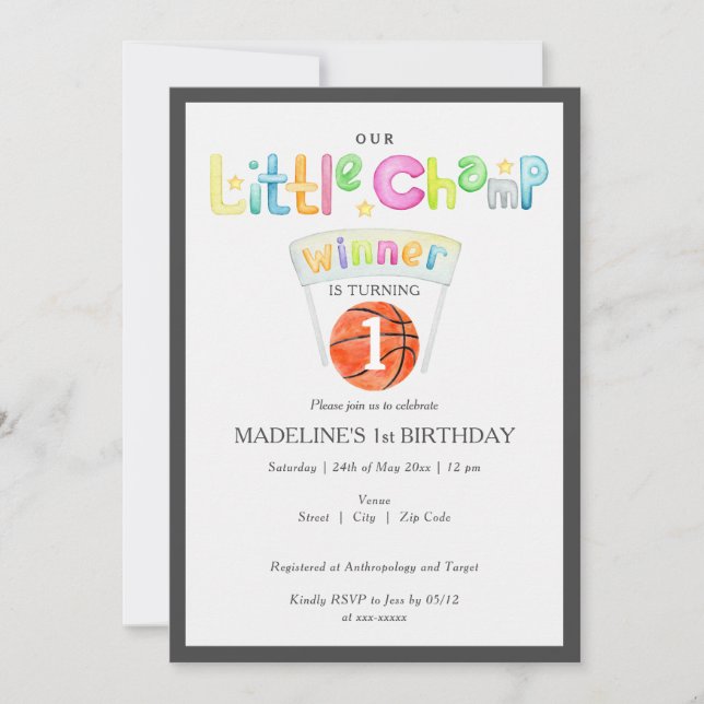 Convite Pequeno Vencedor De Basquete Champ Em Qualquer Ani (Frente)