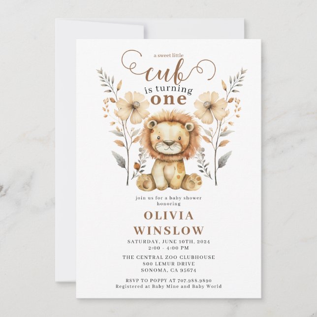 Convite Pequeno Watercolor Lion Safari primeiro aniversari (Frente)