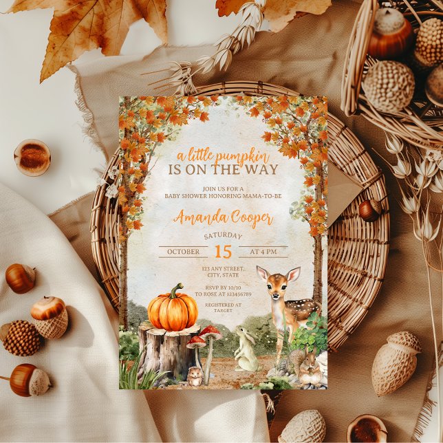 Convite Pequenos Animais De Pumpkin Caiem Chá de fraldas (A little pumpkin is on the way baby shower invitation , fall cozy vibes)